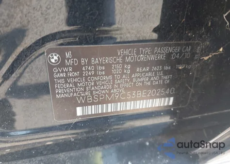 2011 BMW M3 z USA, uszkodzony, nr VIN WBSPM9C53BE202540